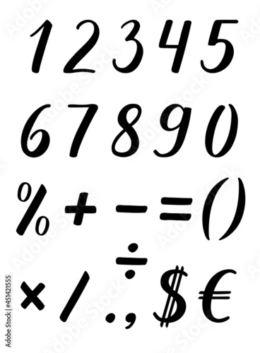 Numbers and percent, plus, minus, equals, brackets, multiplication, division, point, comma, dollar and euro signs. Handwritten lettering modern brush calligraphy. Black figures on white background.