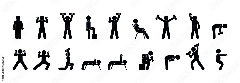 set of exercises with dumbbells, gym illustration, people icons, athletes are engaged in bodybuilding
