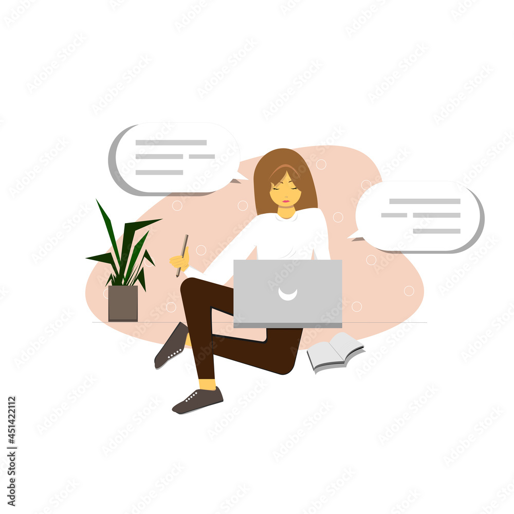 Girl working or stydying at home. Freelance concept. Vector illustration in flat cartoon style. Girl working or stydying at home. Freelance concept. Vector illustration in flat cartoon style.