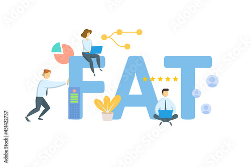FAT, Factory Acceptance Test. Concept with keyword, people and icons. Flat vector illustration. Isolated on white.