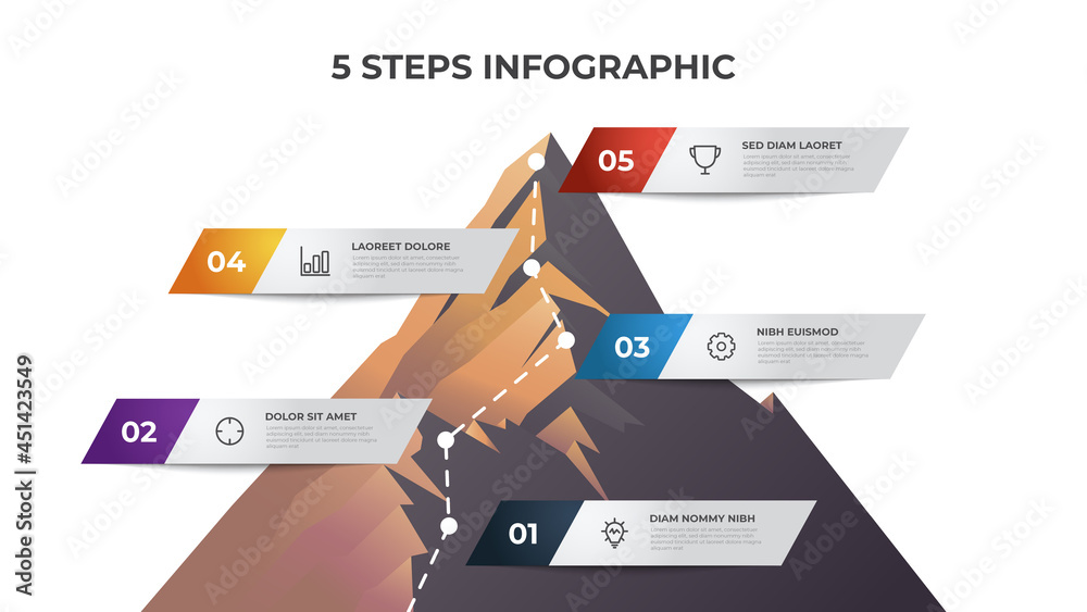Infographic element template with mountain illustration, 5 steps diagram can be used for presentation, brochure, etc.