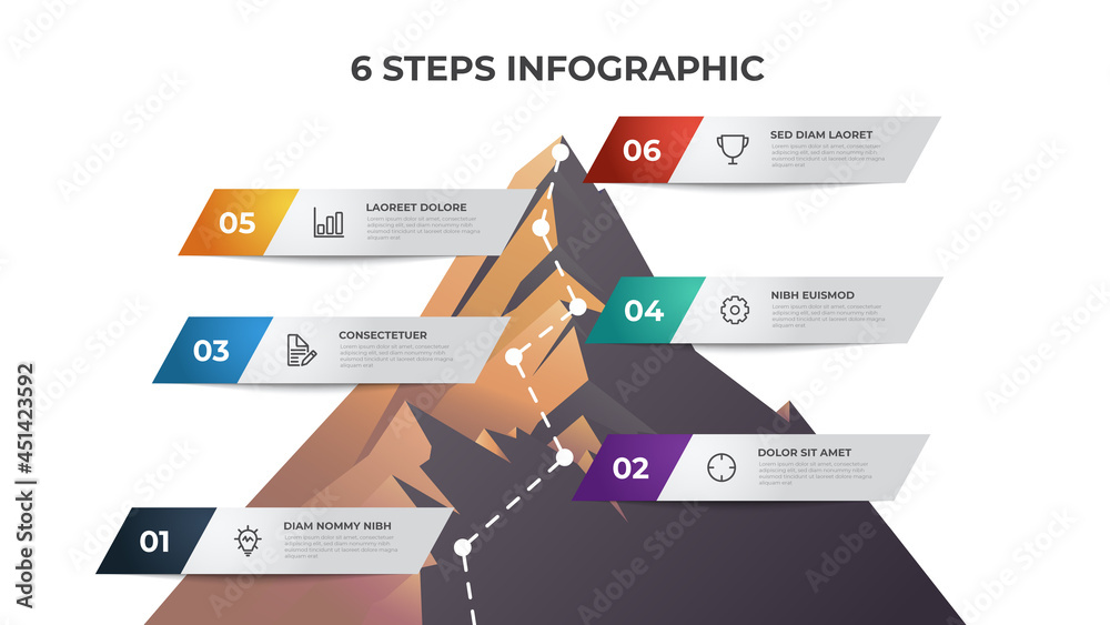Infographic element template with mountain illustration, 6 steps diagram can be used for presentation, brochure, etc.