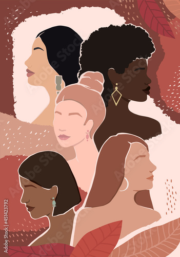 Women of different races together on an abstract autumn background with leaves. modern vector flat illustration. isolated by layers. movement to empower women. women support.