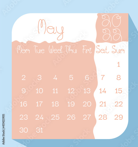 May 2022 calendar planner in pastel color with handwritten letters, week starts on Monday, template, mock up calendar leaf - Illustration. Vector graphic page