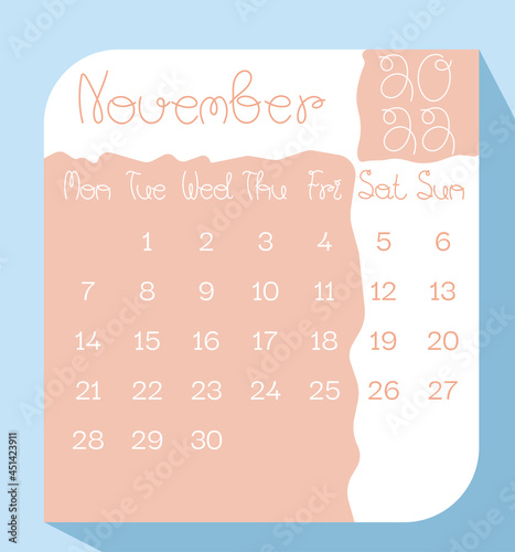 November 2022 calendar planner in pastel color with handwritten letters, week starts on Monday, template, mock up calendar leaf - Illustration. Vector graphic page
