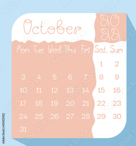October 2022 calendar planner in pastel color with handwritten letters, week starts on Monday, template, mock up calendar leaf - Illustration. Vector graphic page