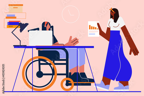 Collaborators, woman at work, wheelchair, workers, professional. Flat vector illustration. Character design photo