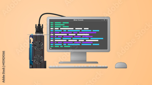 Cryptocurrency mining concept. Computer with an open mining console and video card. Web vector illustration.