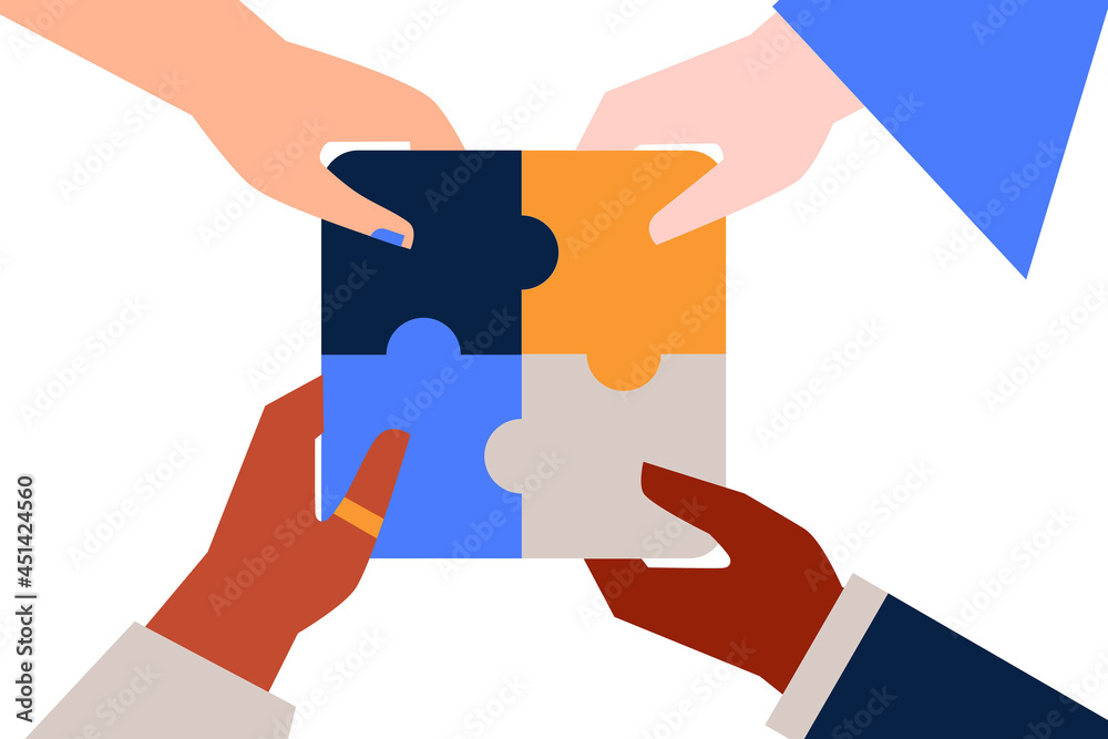 Colorful, vector illustration on the topic of teamwork. Hands, puzzles, collaboration, partnership. Flat design on white background - obrazy, fototapety, plakaty 