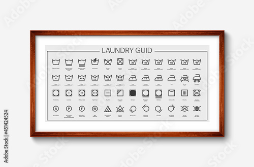 Laundry Guide in wood picture frame with vector icons, symbols collection. 