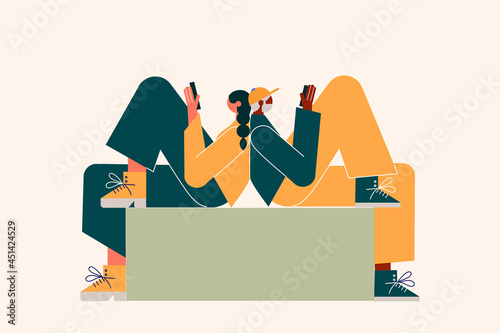Woman and man sitting together, back to back reading. Friendship no matter of gender, age or race. Colorful vector illustration. Character design