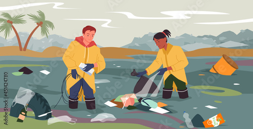 People clean dirty river from garbage, polluted beach cleanup vector illustration. Cartoon volunteer worker characters cleaning water from plastic bags, rubber shoes, paper boxes background