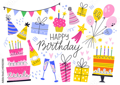 Birthday celebration hand drawn elements, vector illustration isolated on white background. Happy Birthday handwritten lettering. Balloons, cakes with candles, cupcakes, party hats. ..