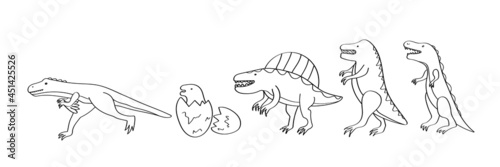 Dinosaur set. Hand-drawn coloring page for kids. The spinosaurus dinosaur  tyrannosaurus rex  velociraptor  dinosaur egg. For children s creativity and education. Black outline isolated. Vector