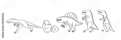Dinosaur set. Hand-drawn coloring page for kids. The spinosaurus dinosaur, tyrannosaurus rex, velociraptor, dinosaur egg. For children's creativity and education. Black outline isolated. Vector