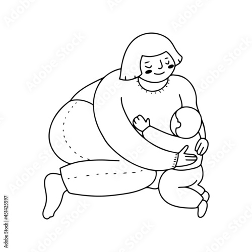 Hand drawn line art of a mother gently hugging her baby