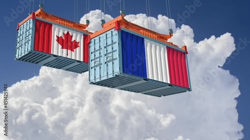 Freigth Containers with France and Canada national flags. 3D Rendering photo