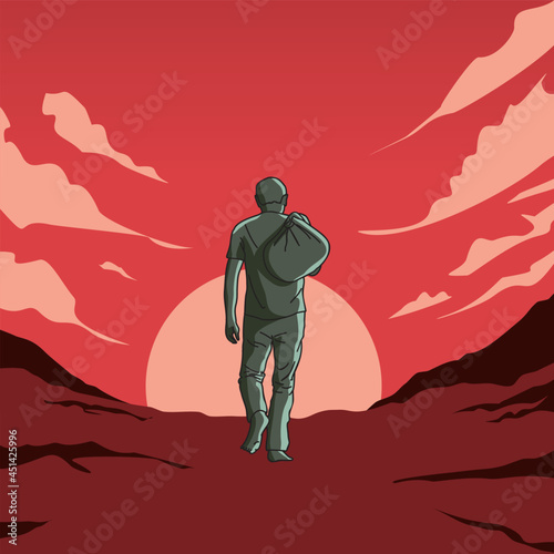 illustration of a man holding a bundle of cloth walking away on a red twilight background
