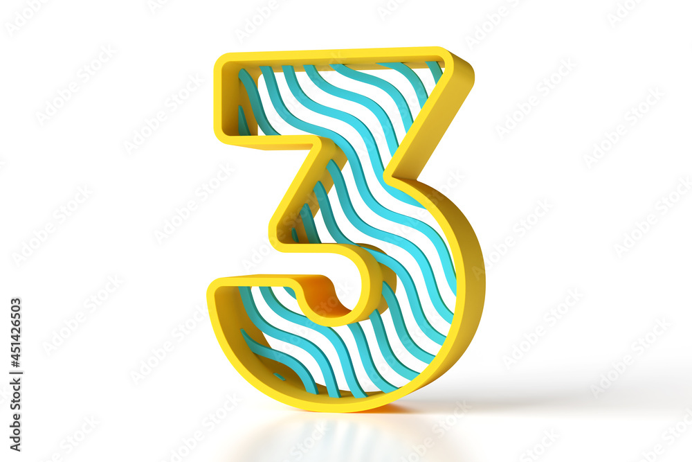 Funny toy style lettering. 3D Number 3 designed with yellow outline and bluish waves pattern. High resolution 3D rendering. Funny toy style lettering. 3D Number 3 designed with yellow outline and bluish waves pattern. High resolution 3D rendering.