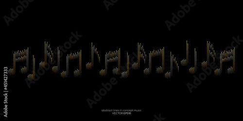 Music notes by equalizer lines wavy flowing in gold light colors isolated on black background in luxury music concept.