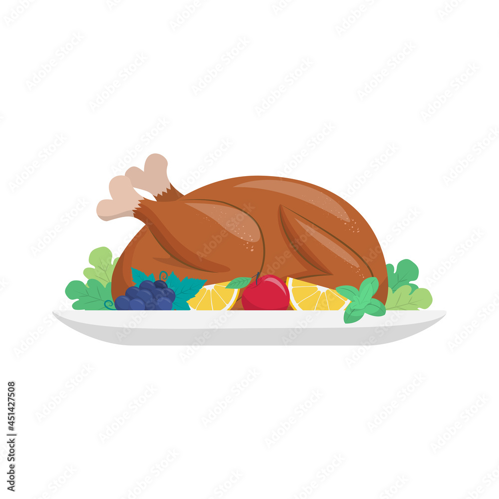Roasted turkey or chicken dinner on the plate with lemon, grape, apple and lettuce. Thanksgiving day and Christmas traditional meat food. Flat design vector sign Roasted turkey or chicken dinner on the plate with lemon, grape, apple and lettuce. Thanksgiving day and Christmas traditional meat food. Flat design vector sign