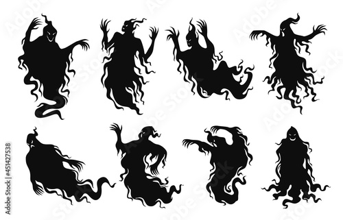 Set of silhouettes of scary ghosts vector flat illustration evil spirit black shadow Halloween demon