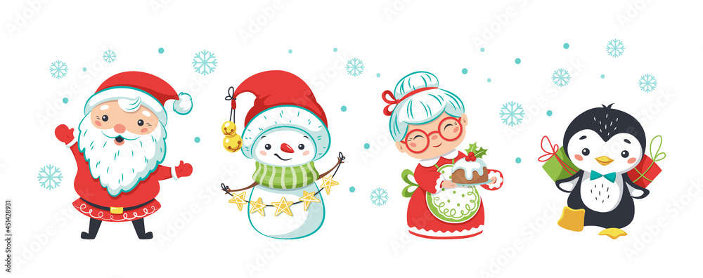 Set of happy Christmas characters decorated by snowflakes. Smiling Santa Claus, snowman, grandmother Set of happy Christmas characters decorated by snowflakes. Smiling Santa Claus, snowman, grandmother