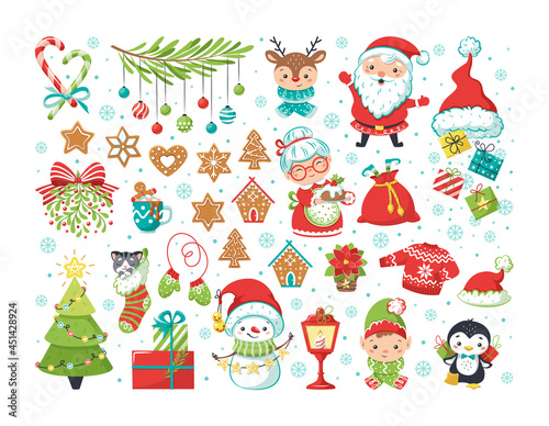 Сhristmas elements set. Snowflakes, Santa Claus, spruce, gifts, ginger christmas cookies, candles, sweet cane, penguin, gnome, deer, ugly sweater, snowman. Winter greeting card.