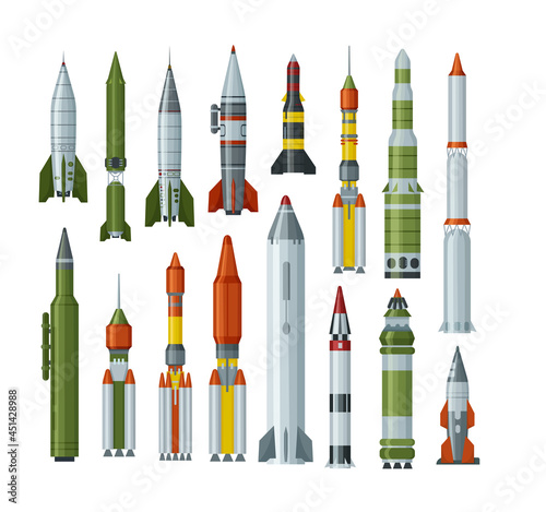 Military missilery rocket of different types set. Army engine weapon flying in air and ballistic nuclear bomb warhead.