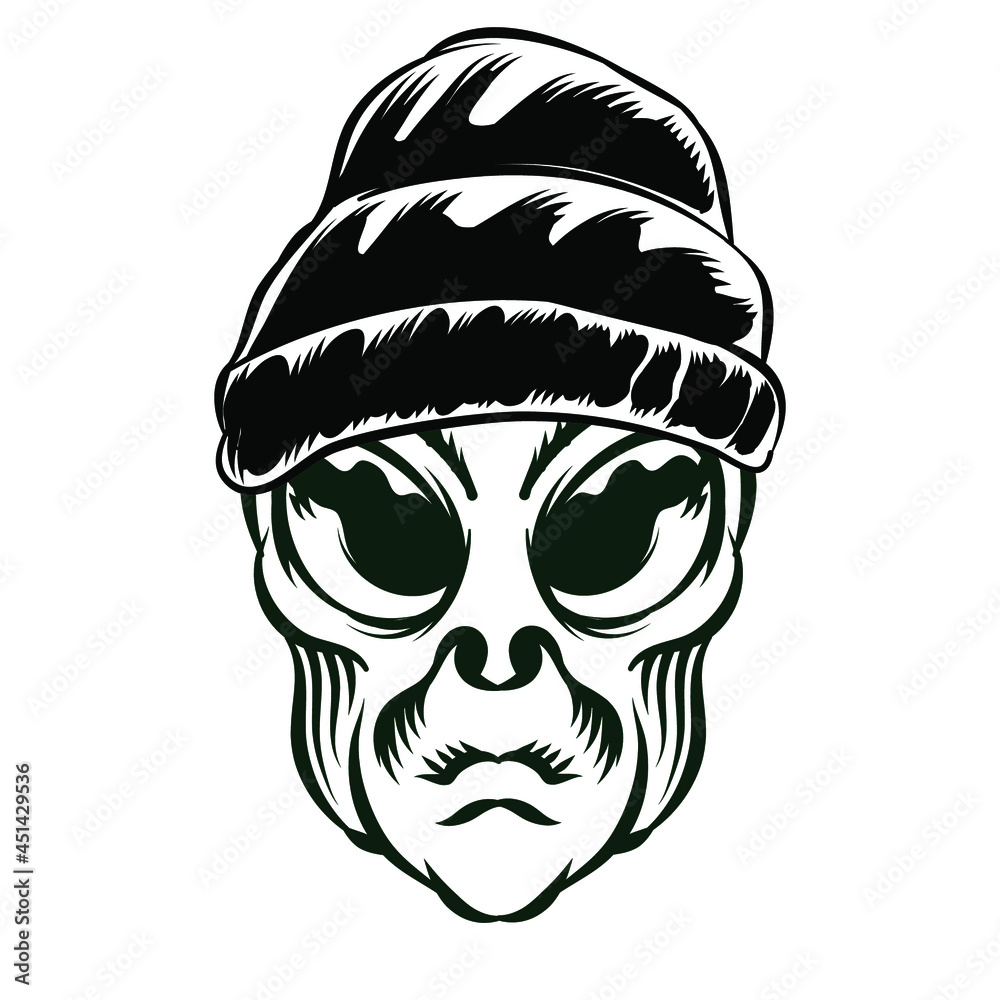 Illustration of Alien head with beanie for logo badge design vector element Illustration of Alien head with beanie for logo badge design vector element