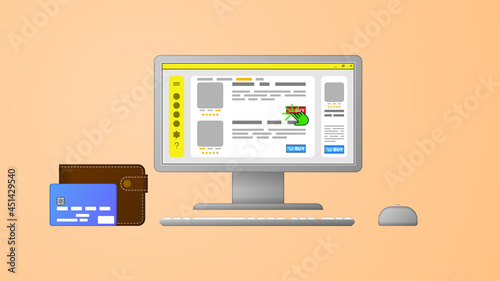 Online shopping concept. Computer with an open page of the online store. Web vector illustration.