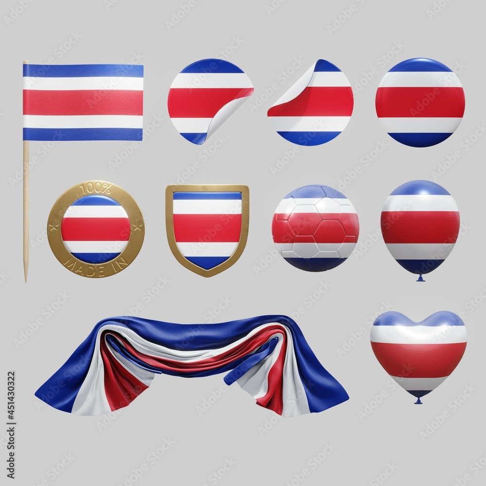 Assortment of objects with national flag of Costa Rica isolated on neutral background. 3d rendering Assortment of objects with national flag of Costa Rica isolated on neutral background. 3d rendering