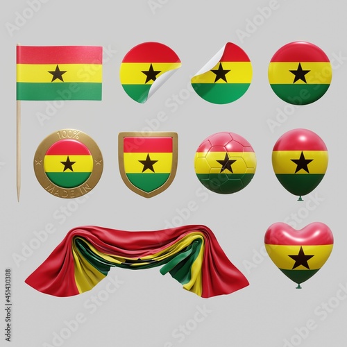 Assortment of objects with national flag of Ghana isolated on neutral background. 3d rendering photo