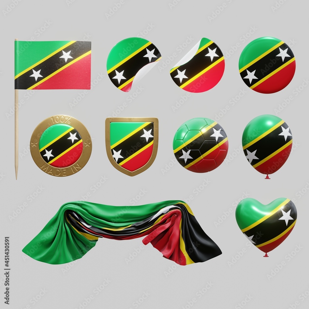 Assortment of objects with national flag of Saint Kitts and Nevis isolated on neutral background. 3d rendering Assortment of objects with national flag of Saint Kitts and Nevis isolated on neutral background. 3d rendering