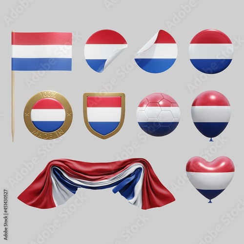 Assortment of objects with national flag of the Netherlands isolated on neutral background. 3d rendering