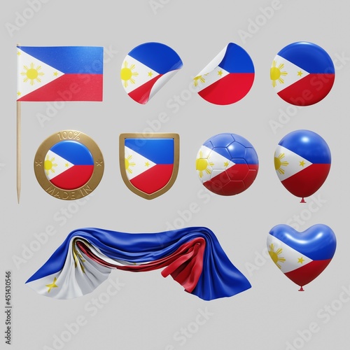 Assortment of objects with national flag of the Philippines isolated on neutral background. 3d rendering