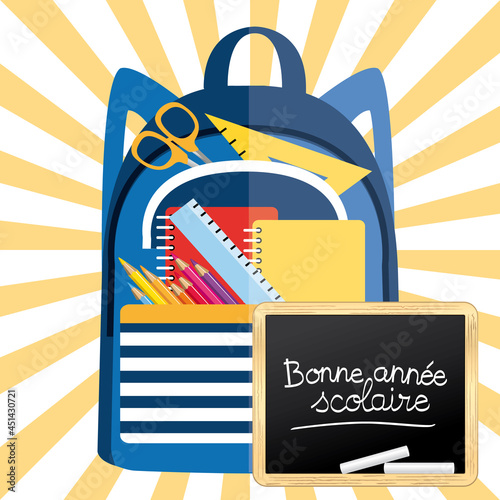 Bonne année scolaire. Cartable plein de fournitures. Fond étoilé. Illustration vectorielle.