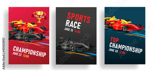 Flyer for racing tournament with sport car illustration, speed bolid with golden cup for winner, event template set