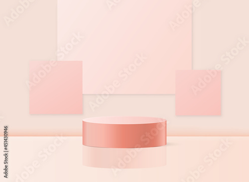 3D Valentine background products. Platform for rewarding best cosmetic products. Stage in pink tender studio. Apstract concept. Exhibition of goods. Realistic minimal vector light pink background