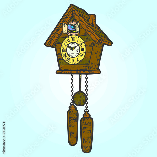 Antique cuckoo clock. Sketch scratch board imitation color.