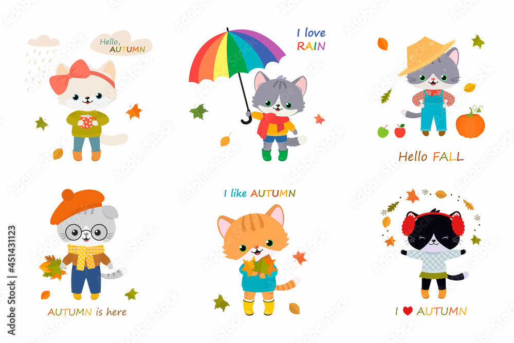 Set of cute cats. Autumn clipart. Vector illustration, Cartoon flat style Set of cute cats. Autumn clipart. Vector illustration, Cartoon flat style