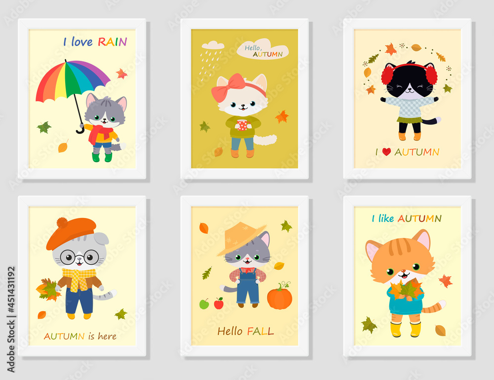 Fototapeta premium Set of posters with cute cats. Autumn clipart. Cartoon flat style. Vector illustration