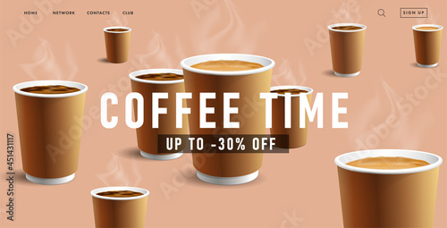 Web banner for coffee shop with paper cups to go with americano and cappuccino