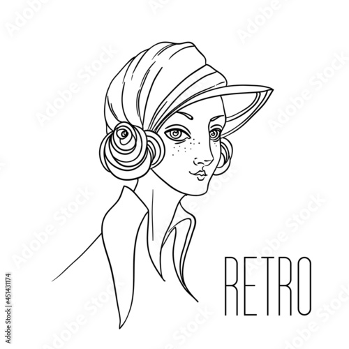 Beautiful girl in art deco style. Retro fashion, glamour woman of twenties. Vector illustration. Flapper 20s style. Vintage party or thematic invitation design template.