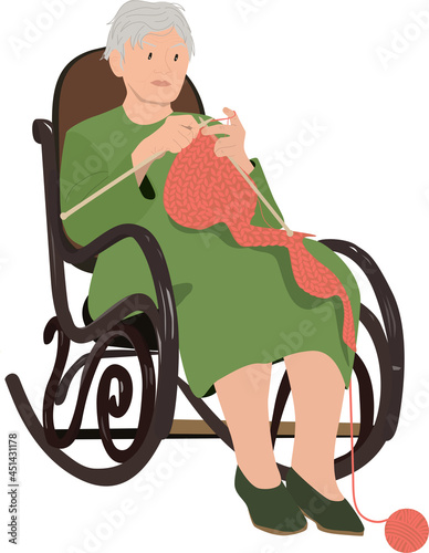 Elderly knitting concept. Senior old woman grandmother sitting and knitting scarf. Pastime, leisure, grandparents