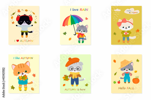 Set of card with cute cats. Autumn clipart. Cartoon flat style. Vector illustration