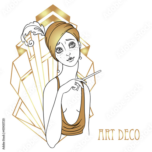 Beautiful girl in art deco style. Retro fashion, glamour woman of twenties. Vector illustration. Flapper 20s style. Vintage party or thematic invitation design template.