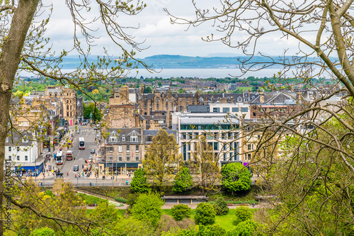 A view from the castle walls over the New Town in Edinburgh, Scotland on a summers day
