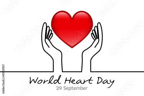 Minimal line World Heart Day. World Heart Day minimalist vector banner, poster, background with hands and hearts. One continuous line drawing with hand. Vector illustration. 