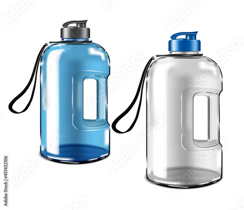Large clear plastic water bottle with lid and carry handle isolated on white background, realistic vector mock-up. Reusable gallon water jug with cap, mockup. Template for design. Easy to recolor